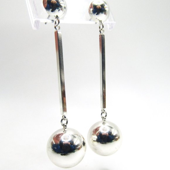 Mod Ball Dangle Earrings Silver Tone 3" Drop Geometric - Picture 1 of 2